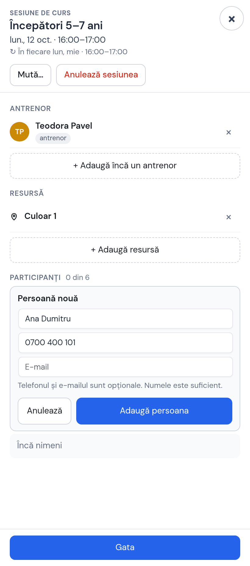 Formularul Persoană nouă în fișa ședinței: Ana Dumitru, telefon 0700 400 101, e-mail gol, textul „Telefonul și e-mailul sunt opționale. Numele este suficient”, butonul Adaugă persoana