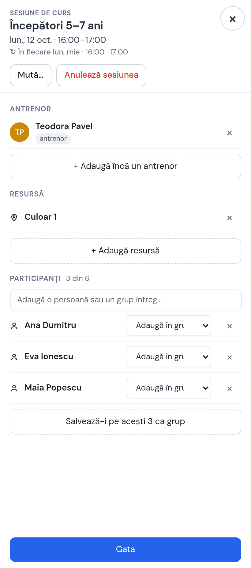 Fișa ședinței cu Culoar 1 atașat și participanții Ana Dumitru, Maia Popescu, Eva Ionescu — 3 din 6 — și butonul „Salvează-i pe acești 3 ca grup”