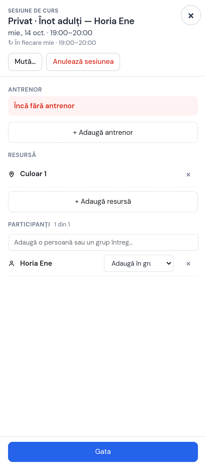 Fișa ședinței Privat · Înot adulți — Horia Ene, miercuri 14 oct. 19:00–20:00, în fiecare miercuri: antrenor Teodora Pavel, resursă Culoar 1, participanți 1 din 1 — Horia Ene