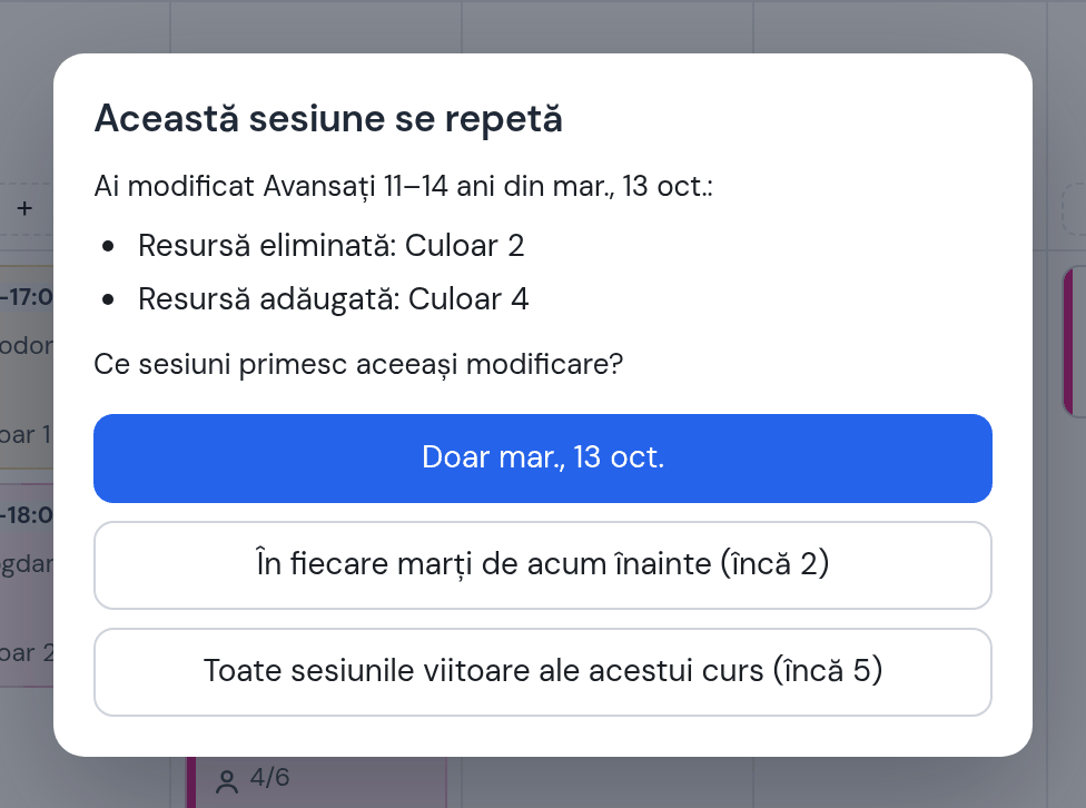 Întrebarea „Această sesiune se repetă”: resursă eliminată Culoar 2, resursă adăugată Culoar 4 — Doar marți 13 oct.