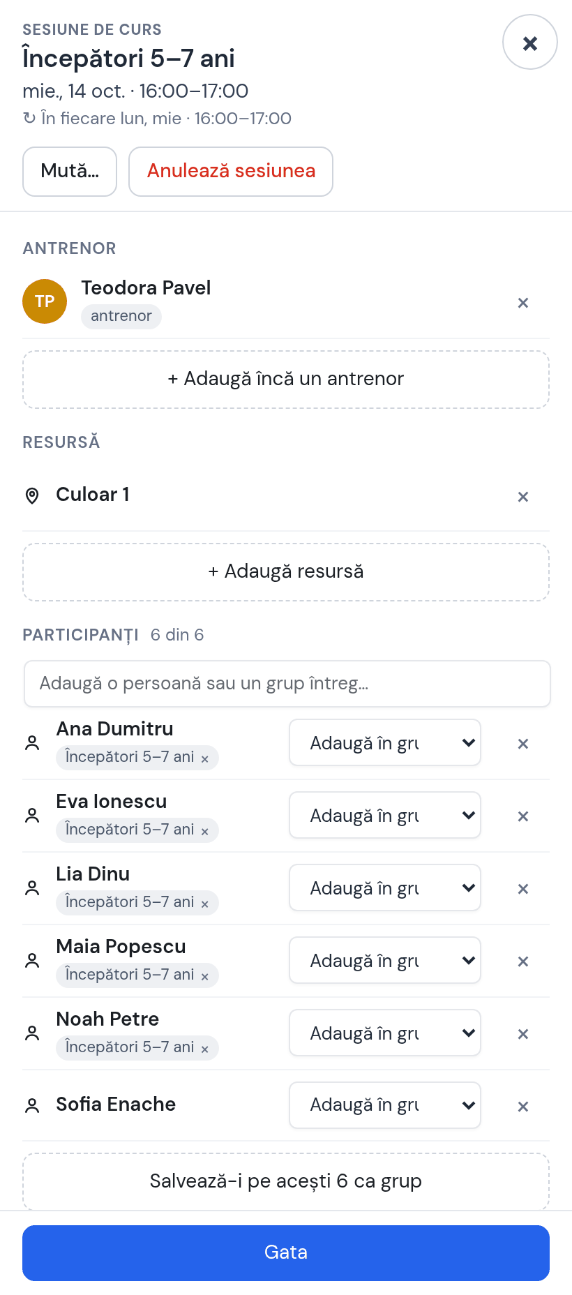 Fișa ședinței Începători 5–7 de miercuri 14 oct.: Teodora, Culoar 1, participanți 6 din 6 — Ana, Maia, Eva, Noah, Lia și Sofia Enache nou adăugată