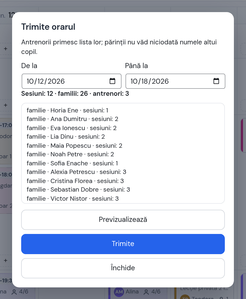 Fereastra Trimite orarul: de la 12 la 18 oct., previzualizarea cu numărul de sesiuni, familii și antrenori și lista familie · nume · sesiuni, butoanele Previzualizează, Trimite, Închide