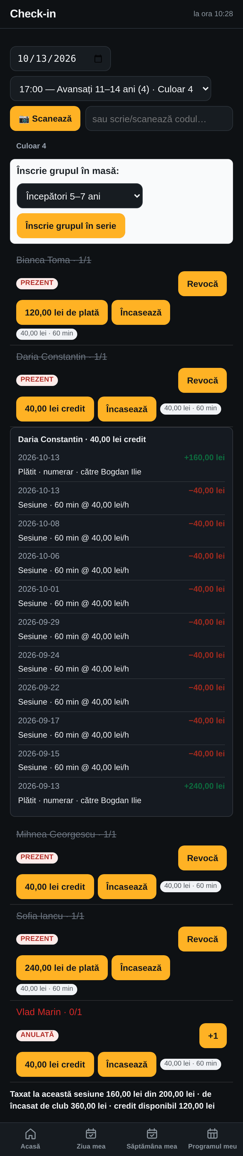 Registrul Dariei Constantin în aplicație: 40,00 lei credit; +160 lei plătit numerar către Bogdan Ilie pe 13 oct.; −40 lei sesiune 60 min la 40 lei pe oră pentru fiecare ședință; +240 lei plătit numerar către Bogdan Ilie pe 15 sept.