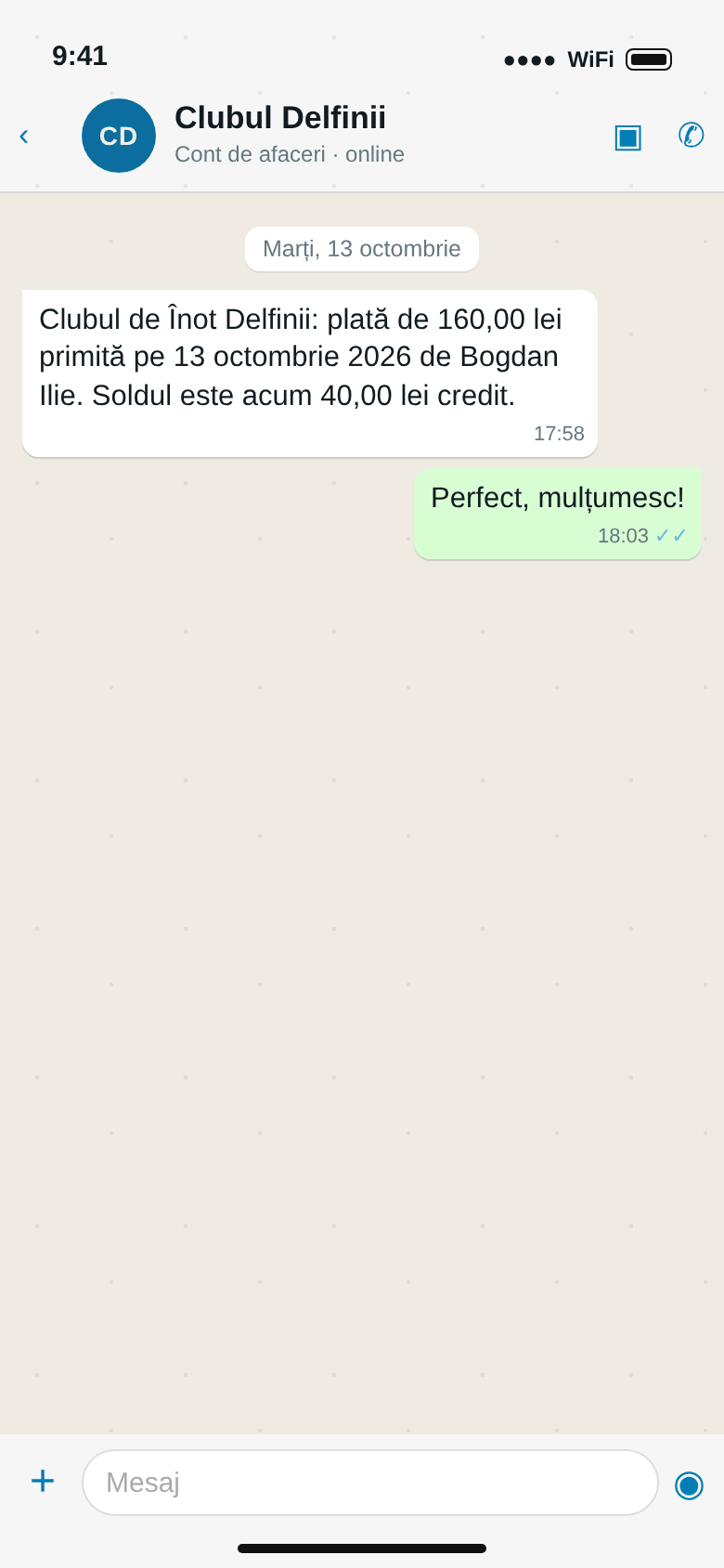 WhatsApp de la Clubul de Înot Delfinii: plată de 160,00 lei primită pe 13 octombrie 2026 de Bogdan Ilie. Soldul este acum 40,00 lei credit.
