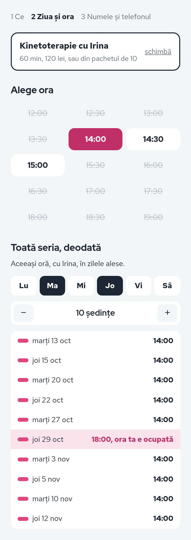 Pagina de programare a cabinetului Postura pe telefonul unui pacient, cu toată seria aleasă deodată