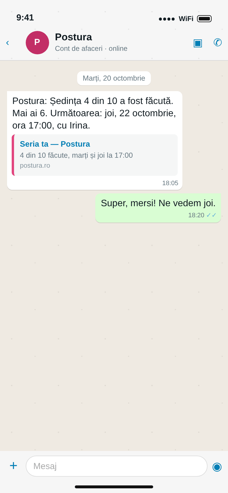 WhatsApp: ședința 4 din 10 a fost făcută, mai ai 6, următoarea joi la 17:00 cu Irina