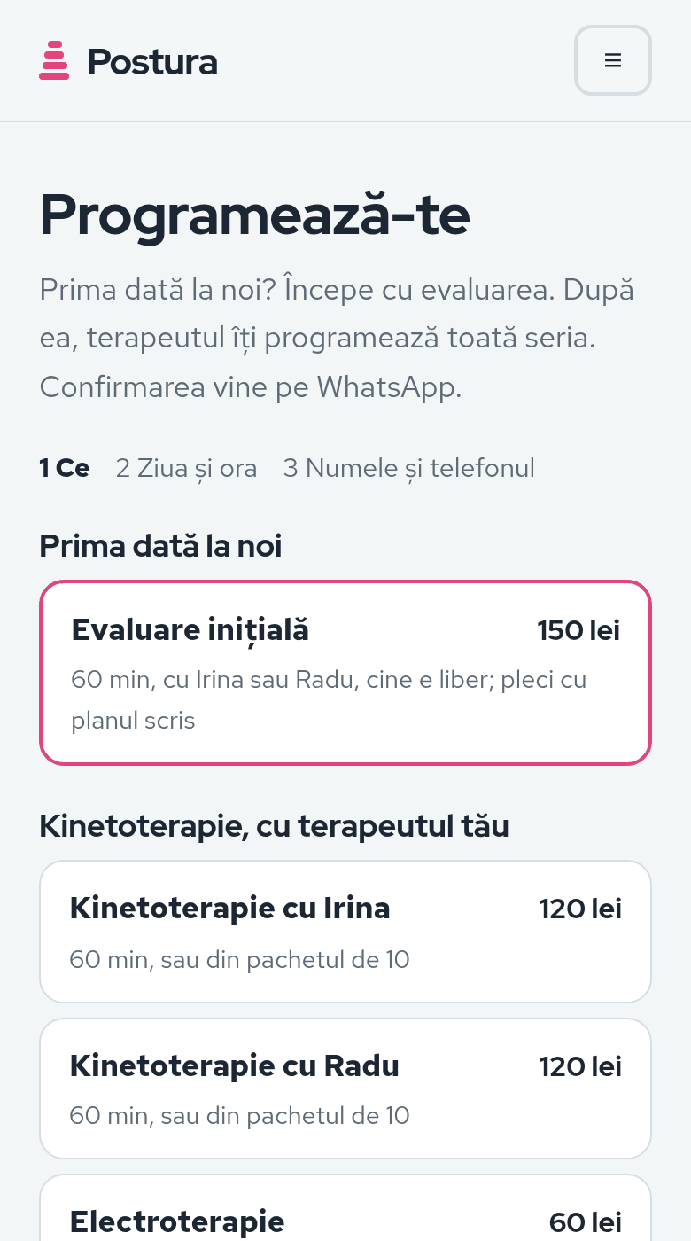 Pagina de programare: „Prima dată la noi”, evaluarea inițială, apoi kinetoterapia cu Irina sau cu Radu și masajul cu Elena