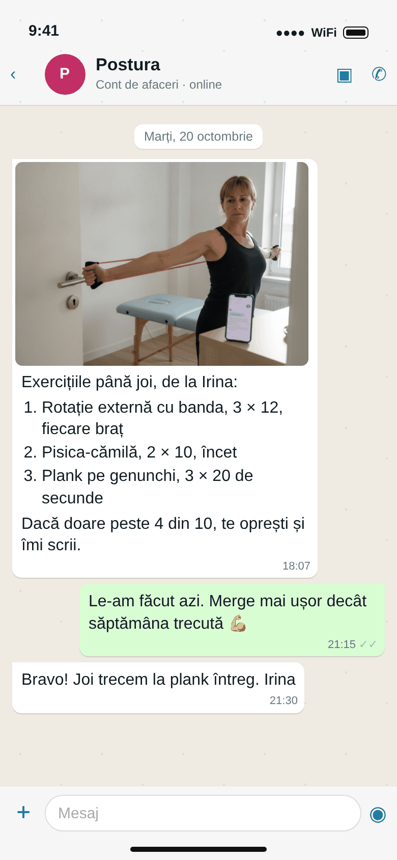 WhatsApp: poza cu exercițiul cu banda, trei exerciții cu repetări, răspunsul pacientei și al Irinei