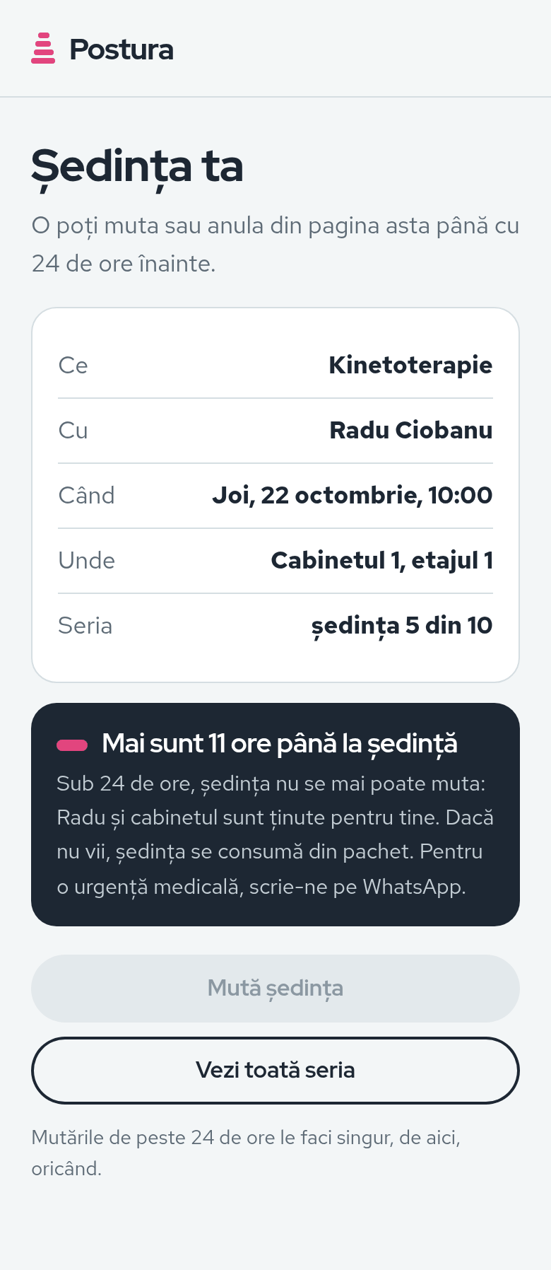 Pagina pacientului din link, cu 11 ore înainte: mutarea nu se mai poate face, ședința se consumă din pachet
