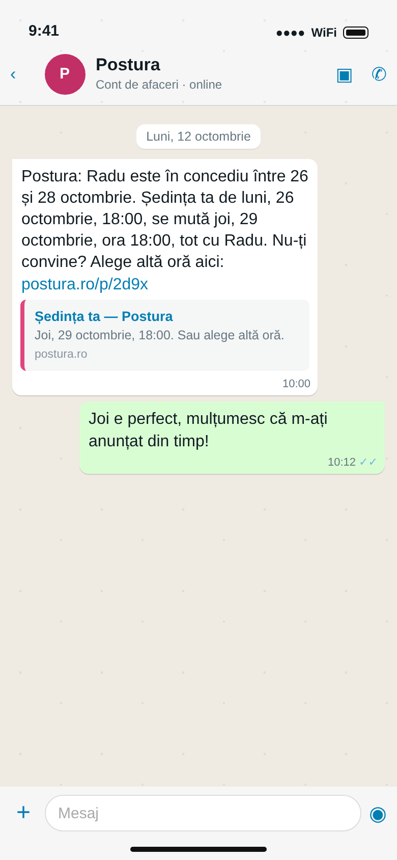 WhatsApp: Radu e în concediu 26–28 octombrie, ședința de luni se mută joi la 18:00, cu link pentru altă oră