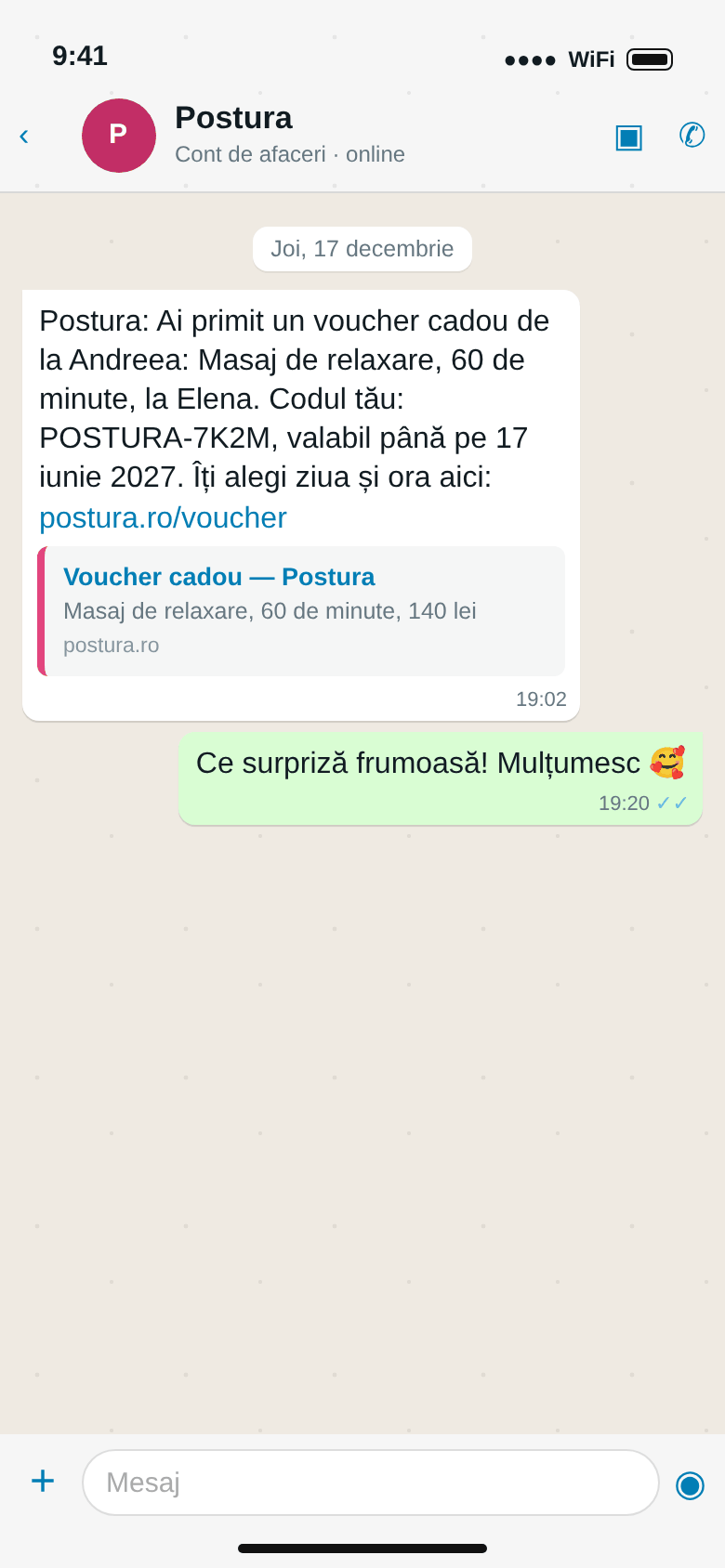 WhatsApp: voucherul cadou de la Andreea, masaj de relaxare cu Elena, codul și linkul de programare