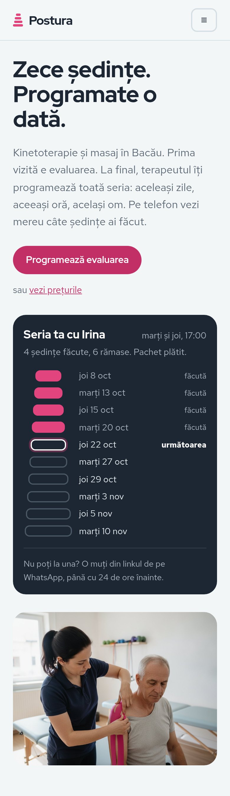 Site-ul Postura pe telefon: „Zece ședințe. Programate o dată.”, butonul de evaluare și seria cu Irina