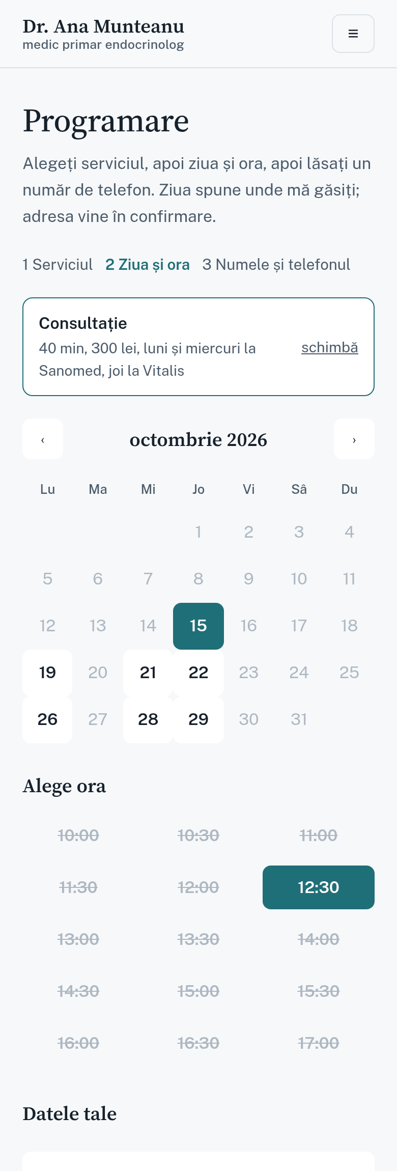 Pagina de programare a Dr. Ana Munteanu pe telefonul unei paciente