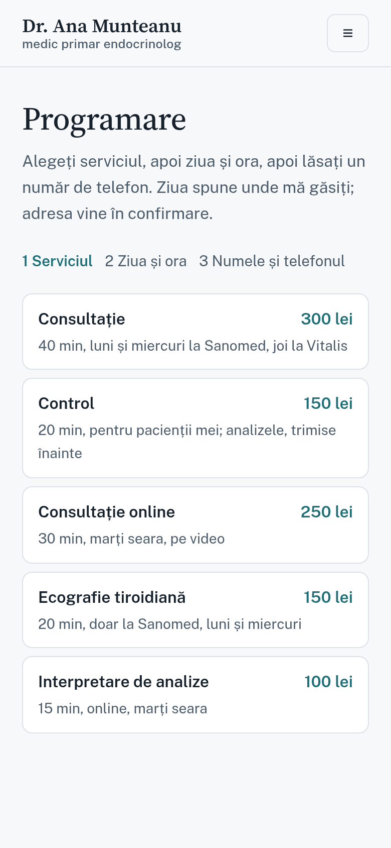 Pagina de programare a Dr. Munteanu: consultație, control, consultație online, ecografie tiroidiană, interpretare de analize, cu durate și prețuri