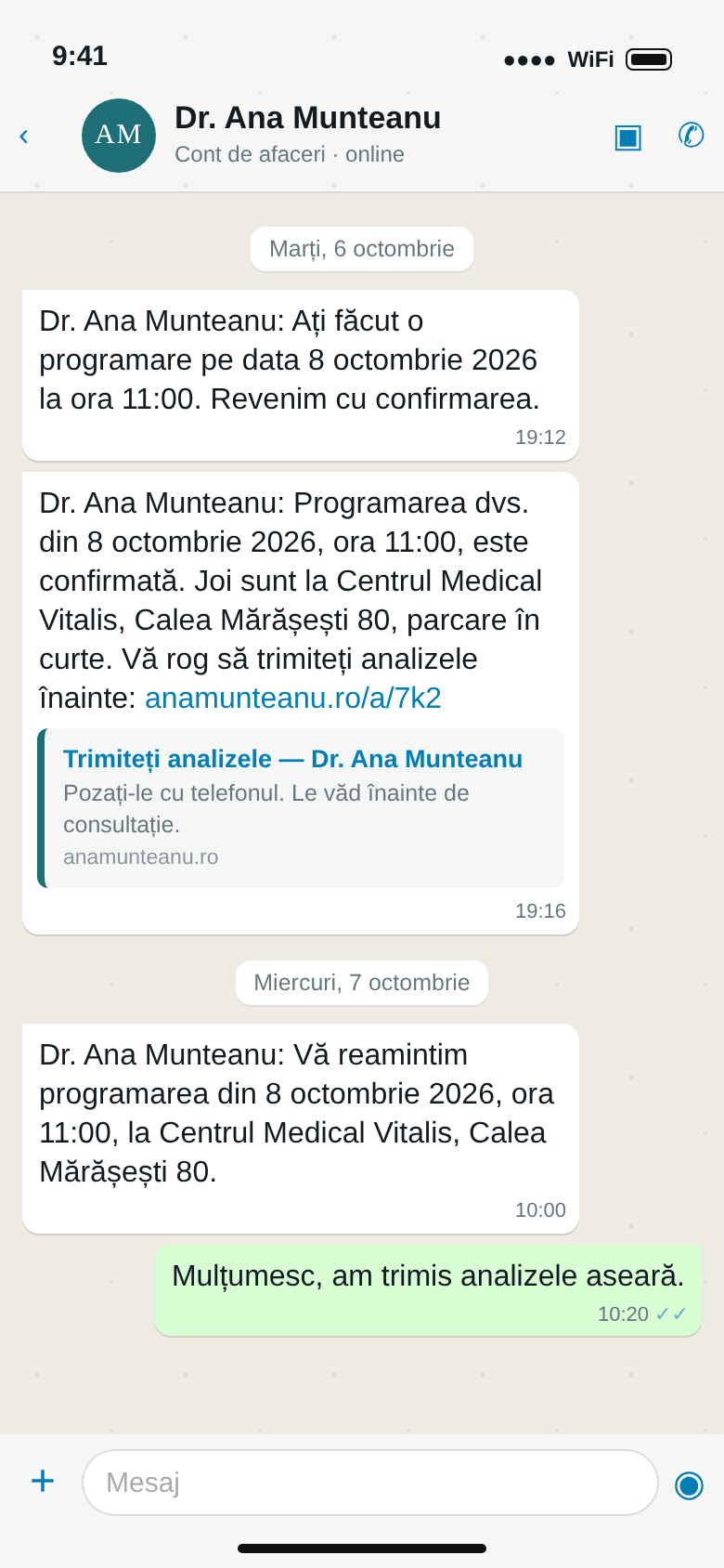 WhatsApp: confirmarea pentru joi la Centrul Medical Vitalis, cu adresa și parcarea, reamintirea de a doua zi cu aceeași adresă