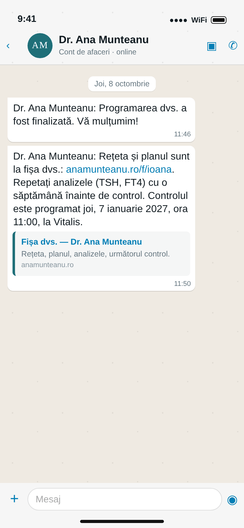 WhatsApp: vizita finalizată, apoi rețeta și planul la fișă, analizele de repetat și controlul programat pe 7 ianuarie la Vitalis