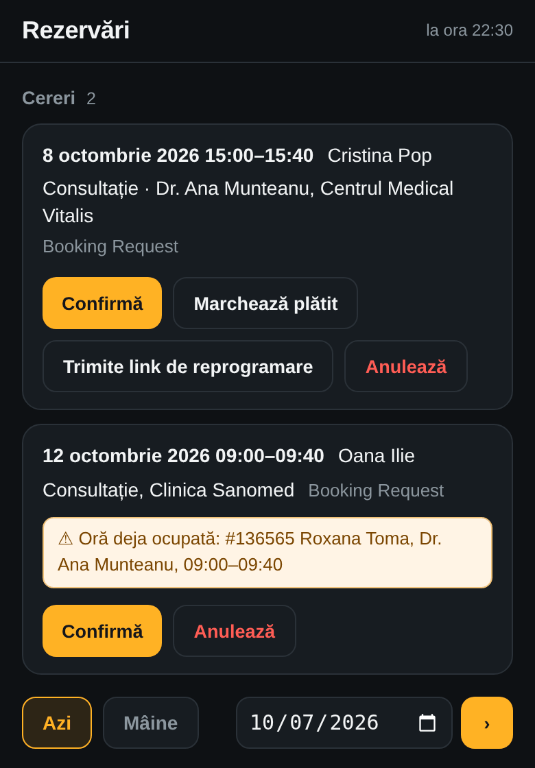 Cererile din aplicația ta: Cristina Pop pentru joi la Vitalis și Oana Ilie pentru luni 09:00, ora ocupată de Roxana Toma