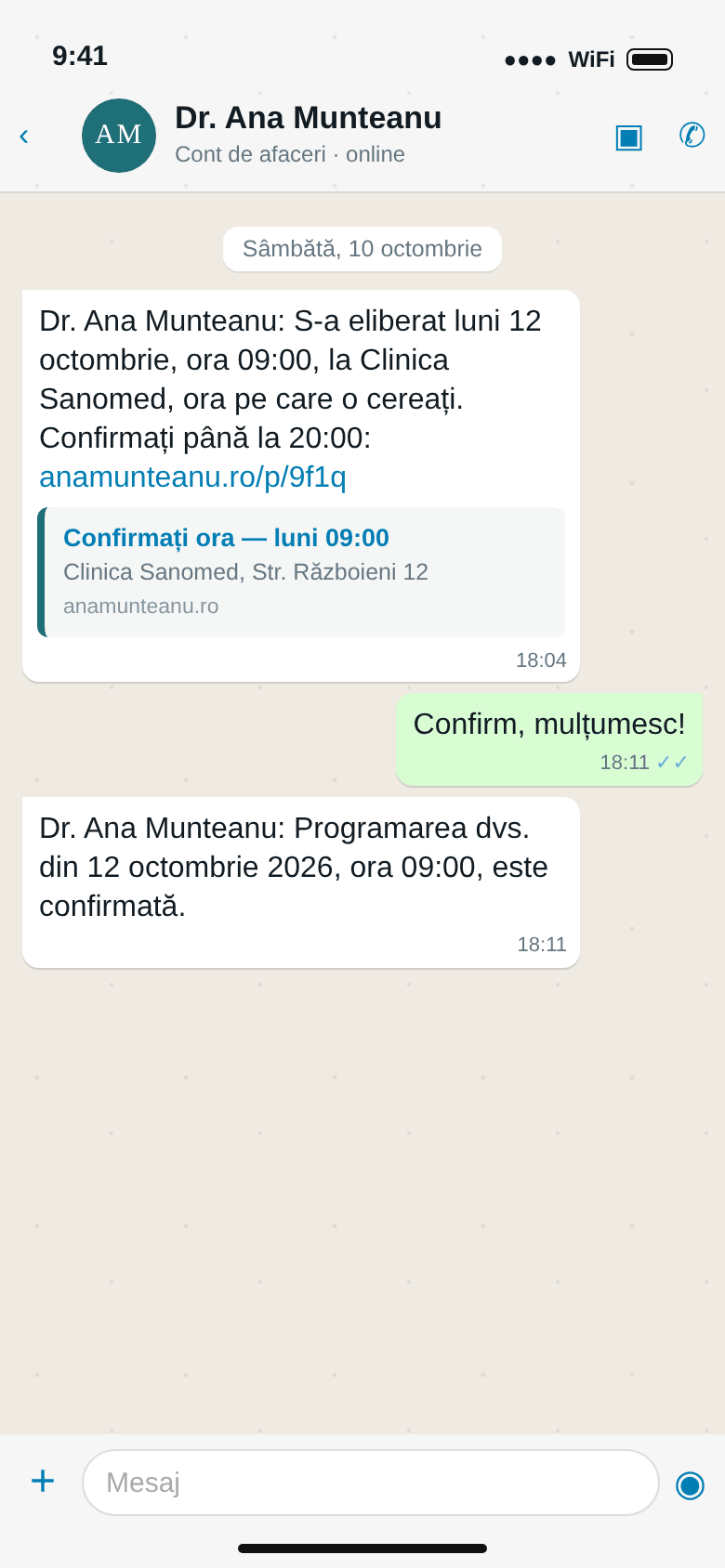 WhatsApp: „S-a eliberat luni 12 octombrie, ora 09:00, la Clinica Sanomed, ora pe care o cereați”, confirmată de pacientă