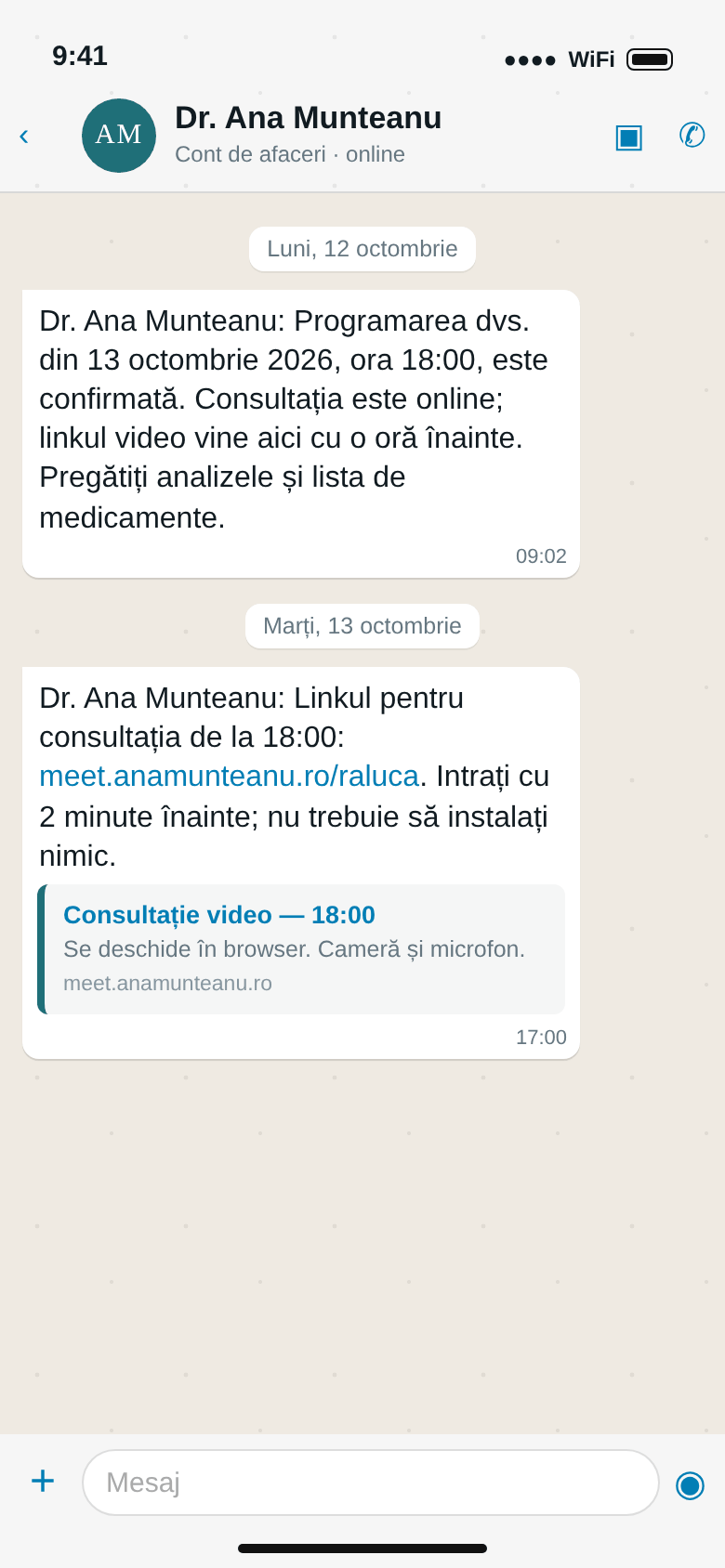 WhatsApp: consultația online de marți confirmată, apoi linkul video trimis cu o oră înainte