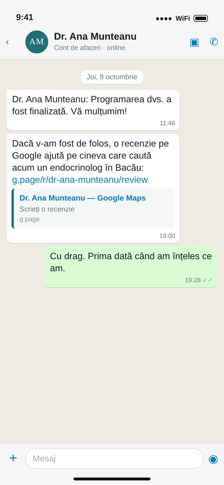 WhatsApp: mulțumirea după consultație, invitația la o recenzie pe Google și răspunsul pacientei