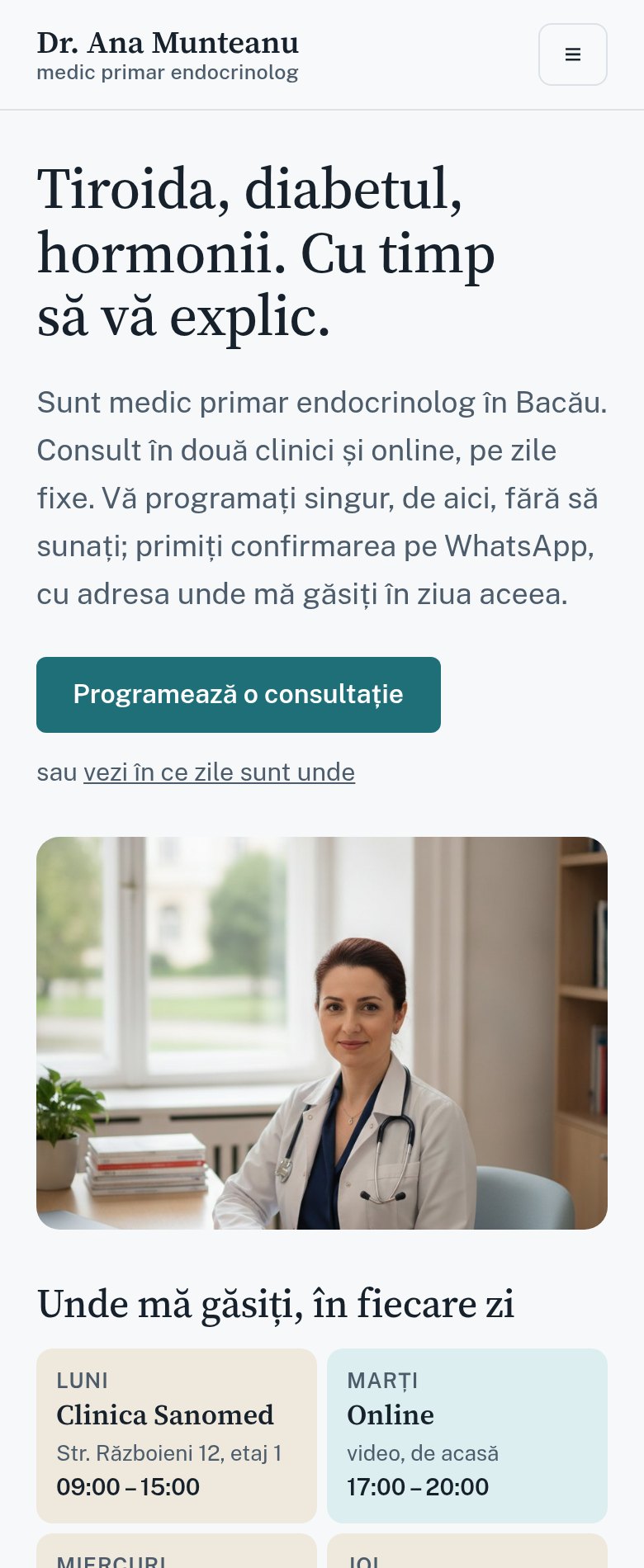 Site-ul anamunteanu.ro pe telefon: „Tiroida, diabetul, hormonii. Cu timp să vă explic.”, butonul de programare și poza din cabinet