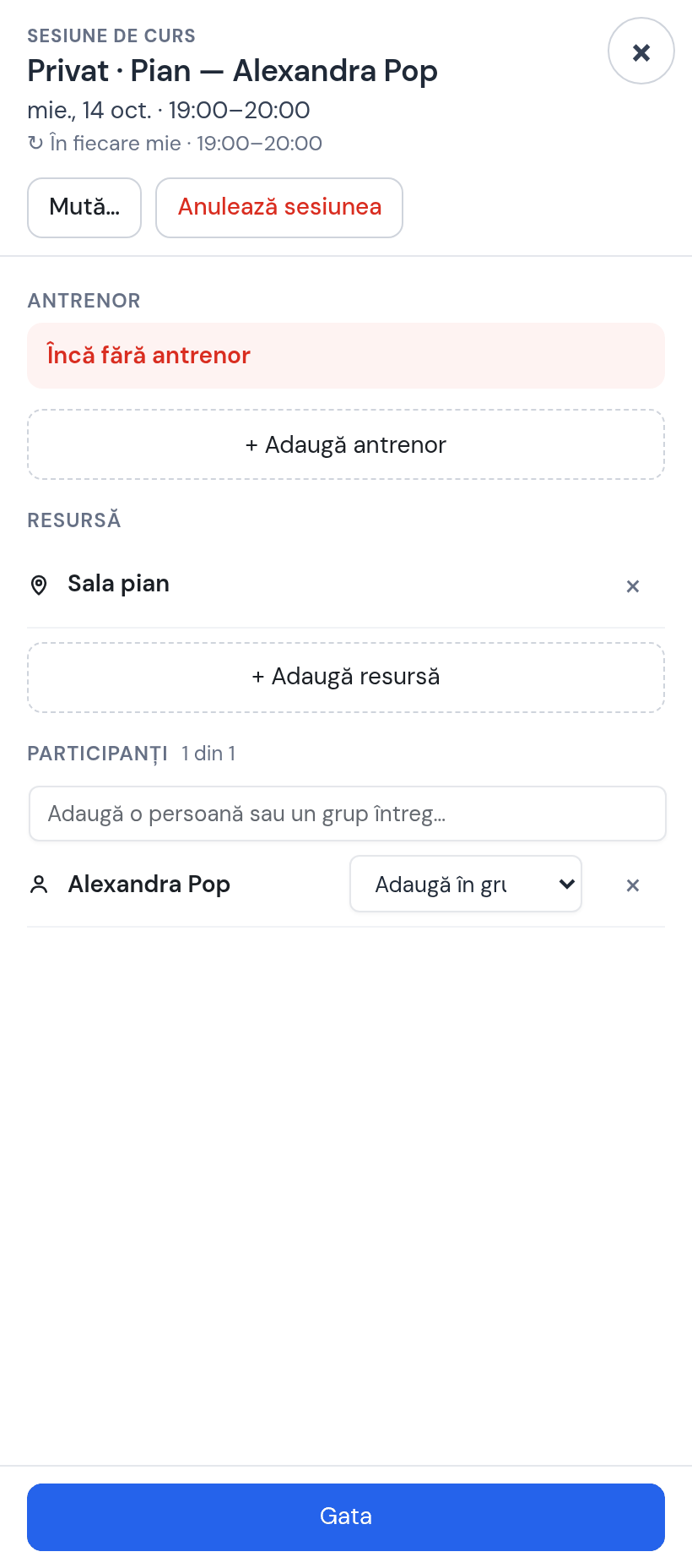 Fișa ședinței Privat · Pian — Alexandra Pop, miercuri 14 oct. 19:00–20:00, în fiecare miercuri: profesor Maria Enache, resursă Sala pian, participanți 1 din 1 — Alexandra Pop