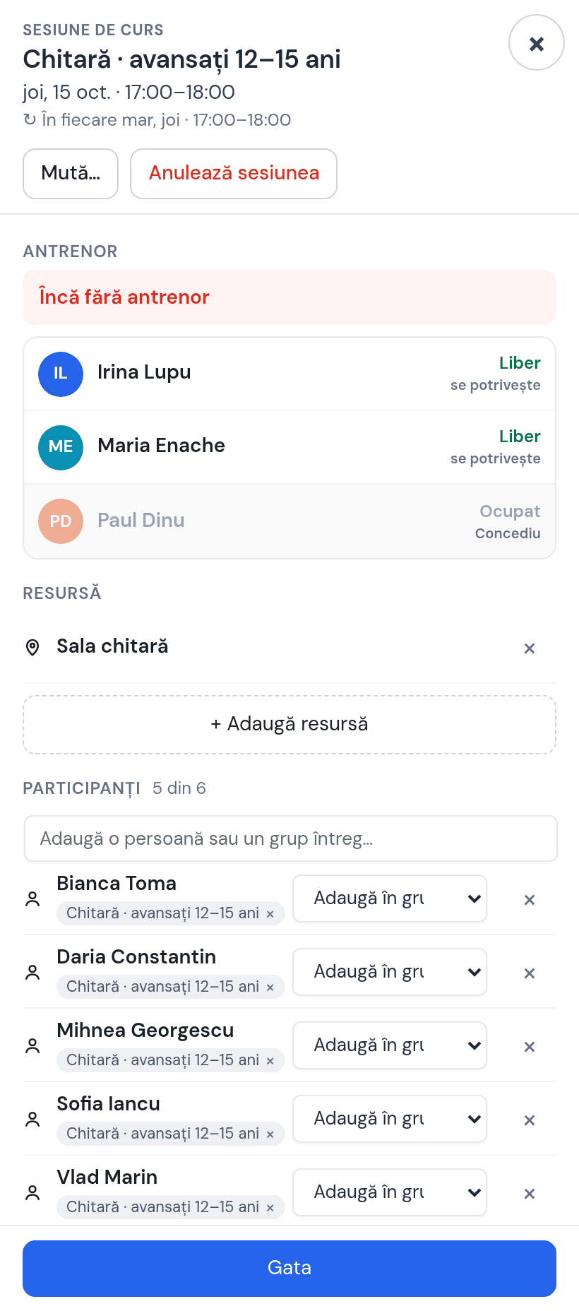 Fișa ședinței Chitară · avansați de joi 15 oct.: „Încă fără antrenor”, lista Irina Lupu liber, Maria Enache liber, Paul Dinu ocupat — concediu; Sala chitară; cei cinci copii