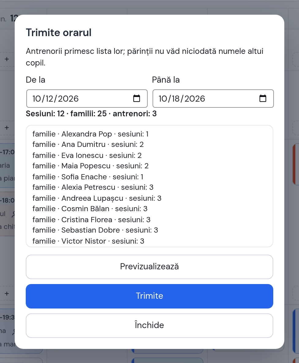 Fereastra Trimite orarul: de la 12 la 18 oct., previzualizarea cu numărul de sesiuni, familii și profesori și lista familie · nume · sesiuni, butoanele Previzualizează, Trimite, Închide