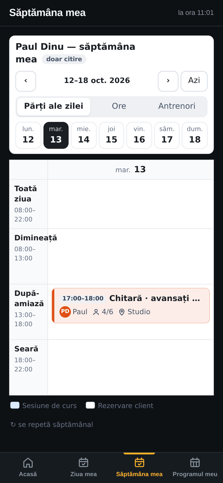 Aplicația lui Paul, Săptămâna mea: 12–18 oct., marți 13 selectat, după-amiază 17:00–18:00 Chitară · avansați, 4/6, Studio
