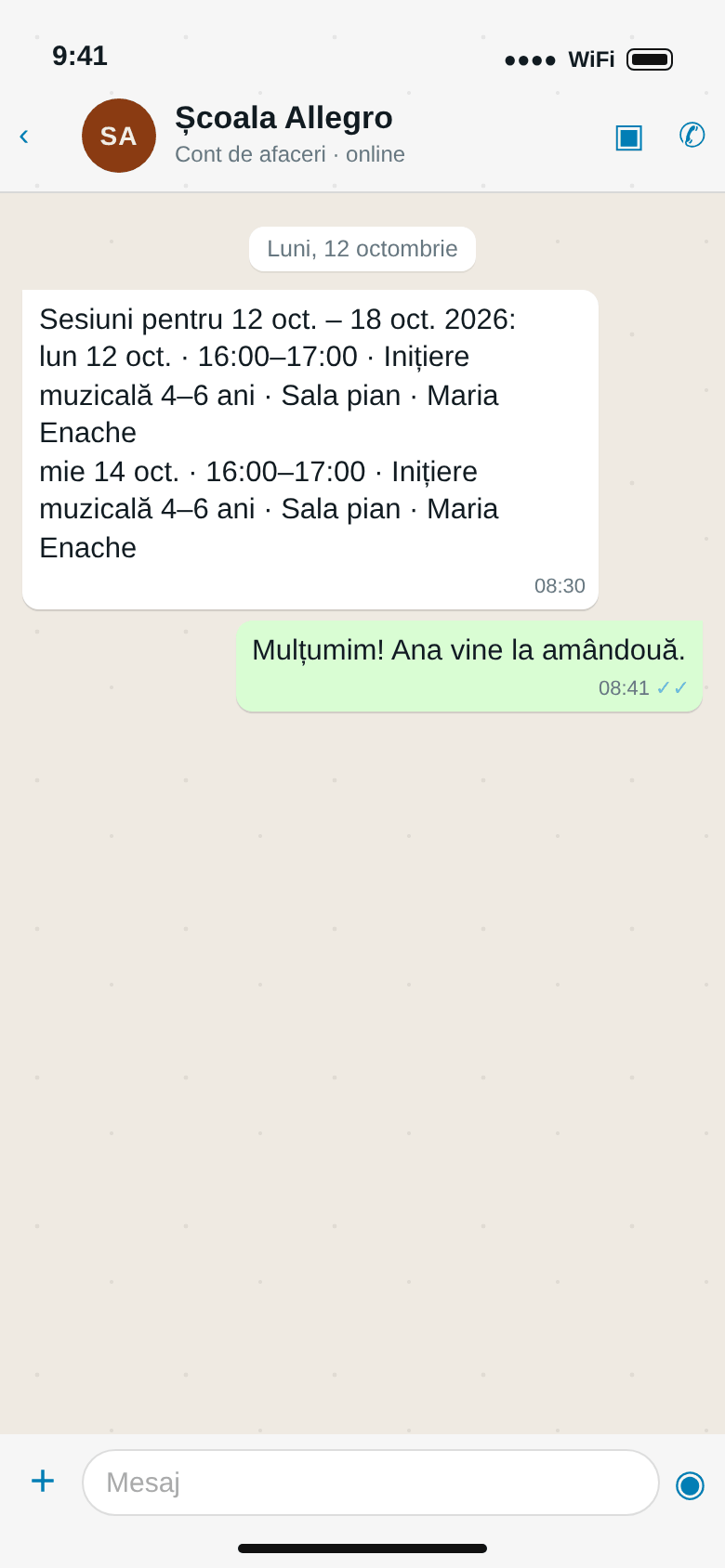 WhatsApp de la Școala Allegro: Sesiuni pentru 12 oct. – 18 oct. 2026, luni 12 oct. 16:00–17:00 Inițiere muzicală, Sala pian, Maria Enache; miercuri 14 oct. la fel; răspunsul părintelui