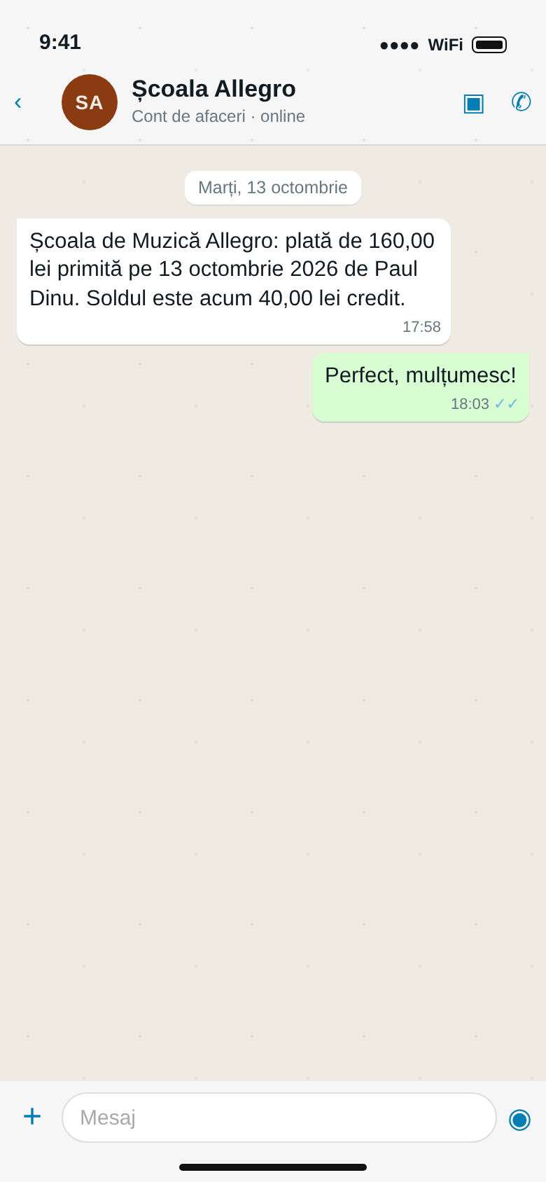 WhatsApp de la Școala de Muzică Allegro: plată de 160,00 lei primită pe 13 octombrie 2026 de Paul Dinu. Soldul este acum 40,00 lei credit.