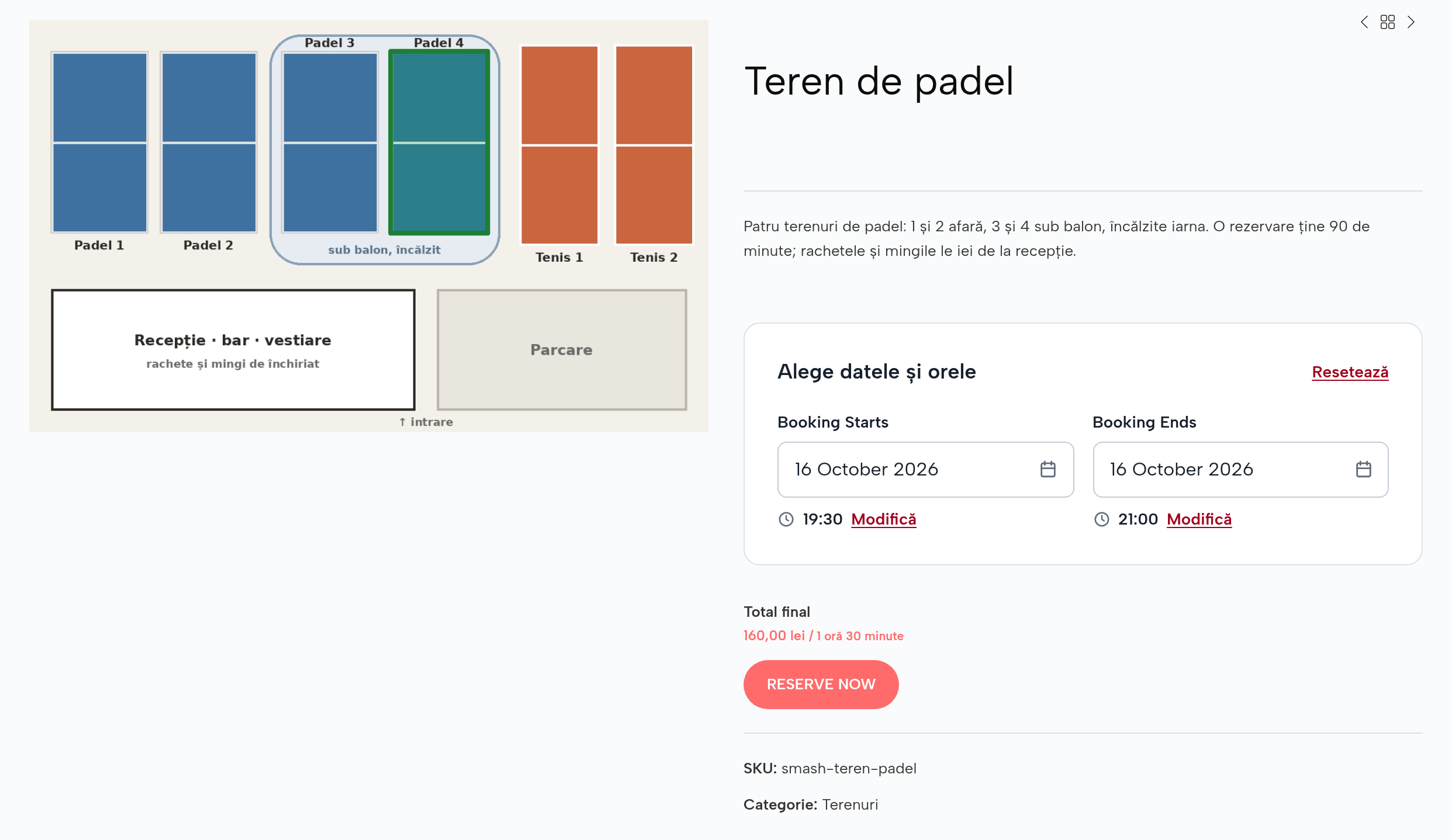 Terenul de padel pe site, vineri 16 octombrie, 19:30–21:00: pe planul clubului terenurile 1, 2 și 3 sunt ocupate, terenul 4 e ales; 160 lei pentru 90 de minute