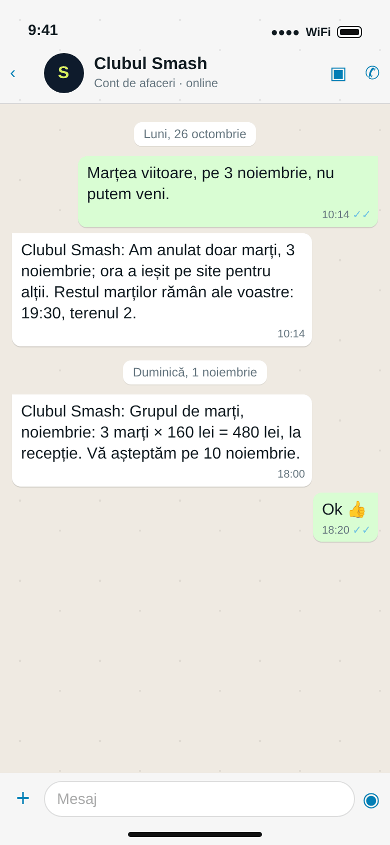 WhatsApp: Sorin anunță că pe 3 noiembrie nu pot; clubul anulează doar marțea aceea; apoi suma pentru noiembrie, 3 marți × 160 lei