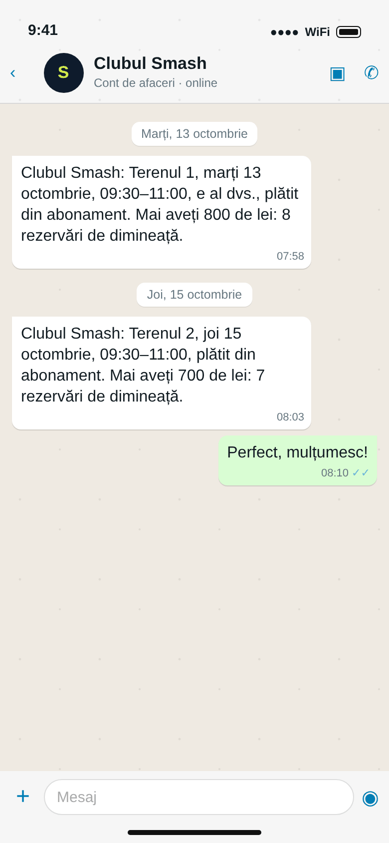 WhatsApp: terenul 1 marți și terenul 2 joi, la 09:30, plătite din abonament; mai are 700 lei, adică 7 rezervări de dimineață