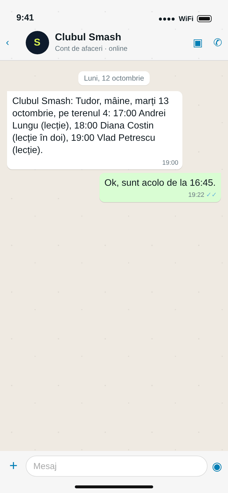 WhatsApp către Tudor: lecțiile de marți pe terenul 4, la 17:00, 18:00 și 19:00, cu numele elevilor