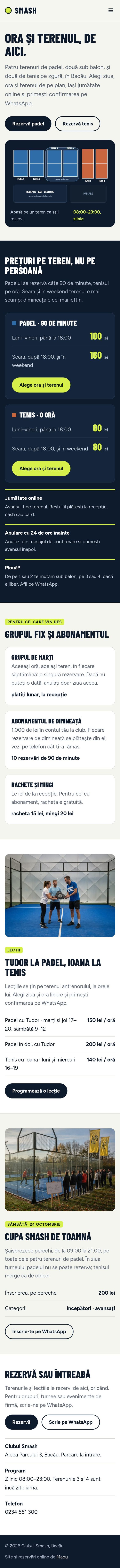 Site-ul Clubului Smash pe telefon: planul terenurilor și prețurile