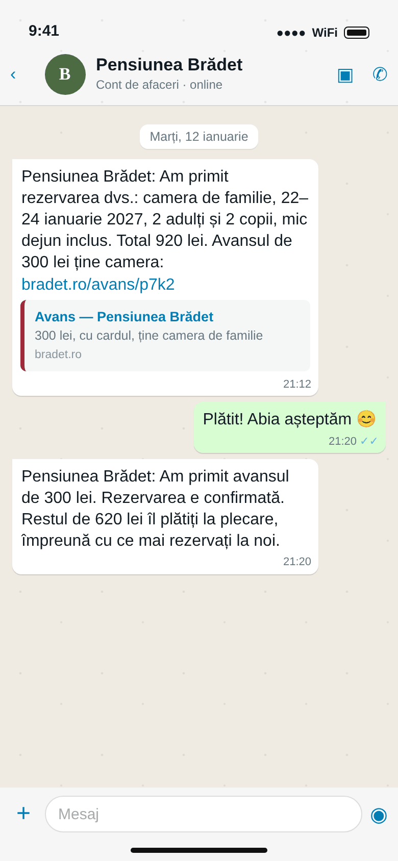 WhatsApp: rezervarea camerei de familie primită, linkul de avans, avansul de 300 lei plătit și confirmarea