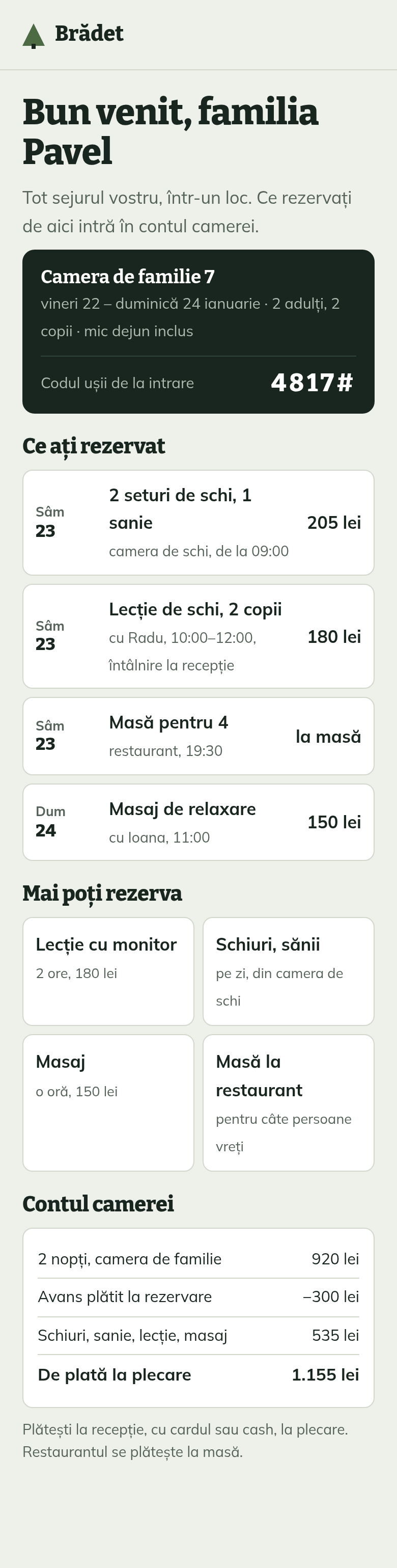 Pagina sejurului familiei Pavel pe telefon: camera, codul ușii, ce au rezervat și contul camerei