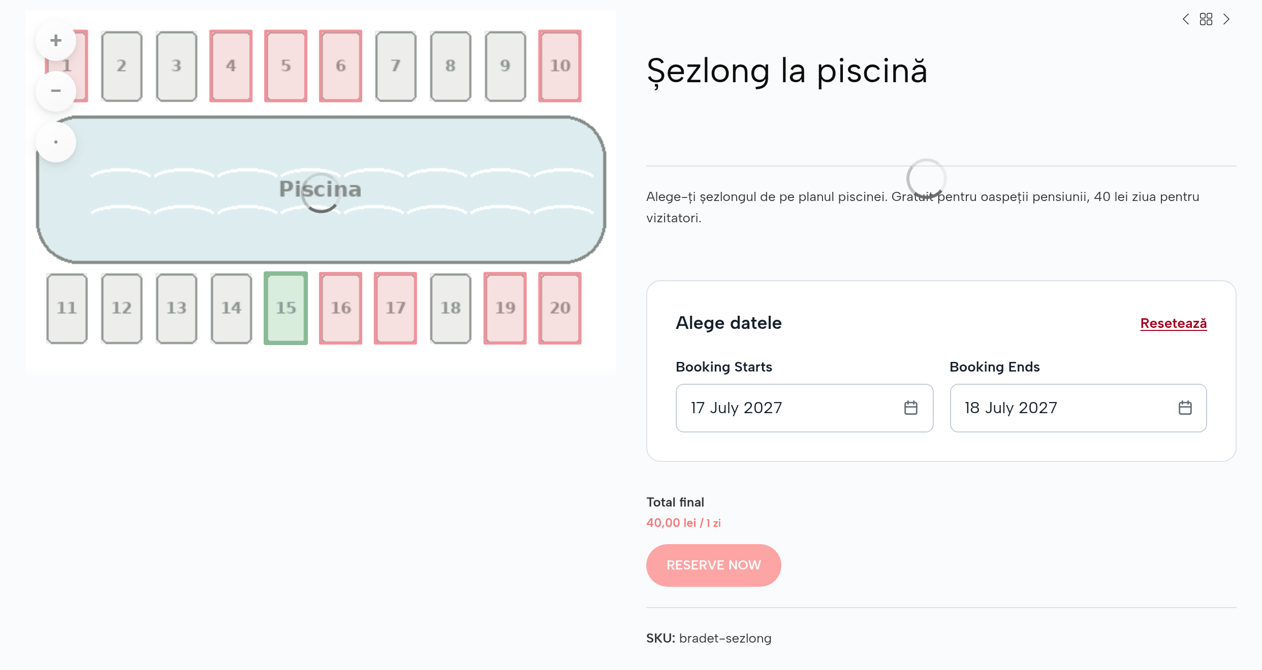 Șezlongul la piscină, sâmbătă 17 iulie: planul piscinei cu cele douăzeci de șezlonguri, cele libere colorate, șezlongul 15 ales