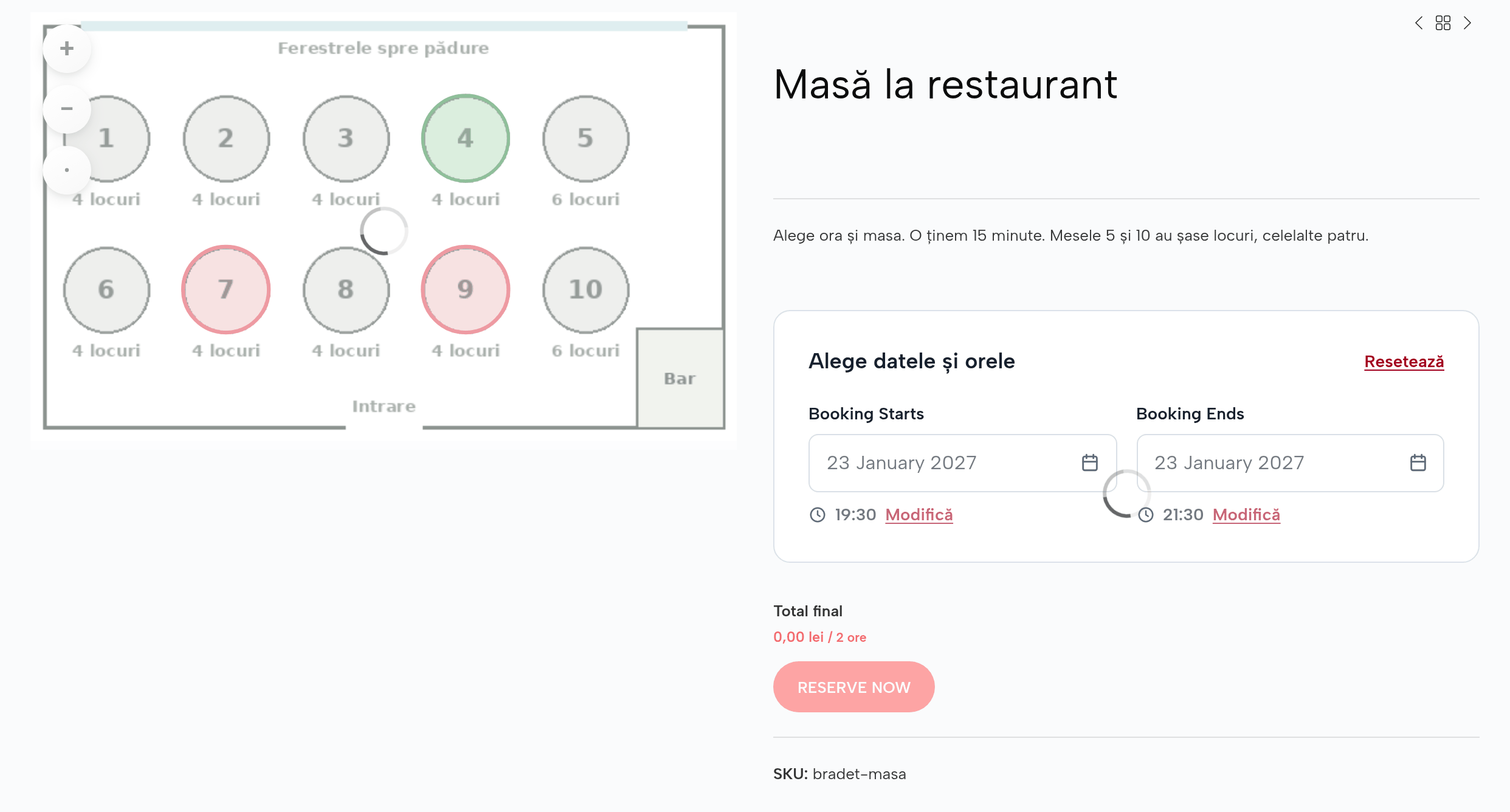 Masa la restaurant, sâmbătă 23 ianuarie, 19:30: planul sălii cu cele zece mese, cele libere colorate, masa 4 aleasă