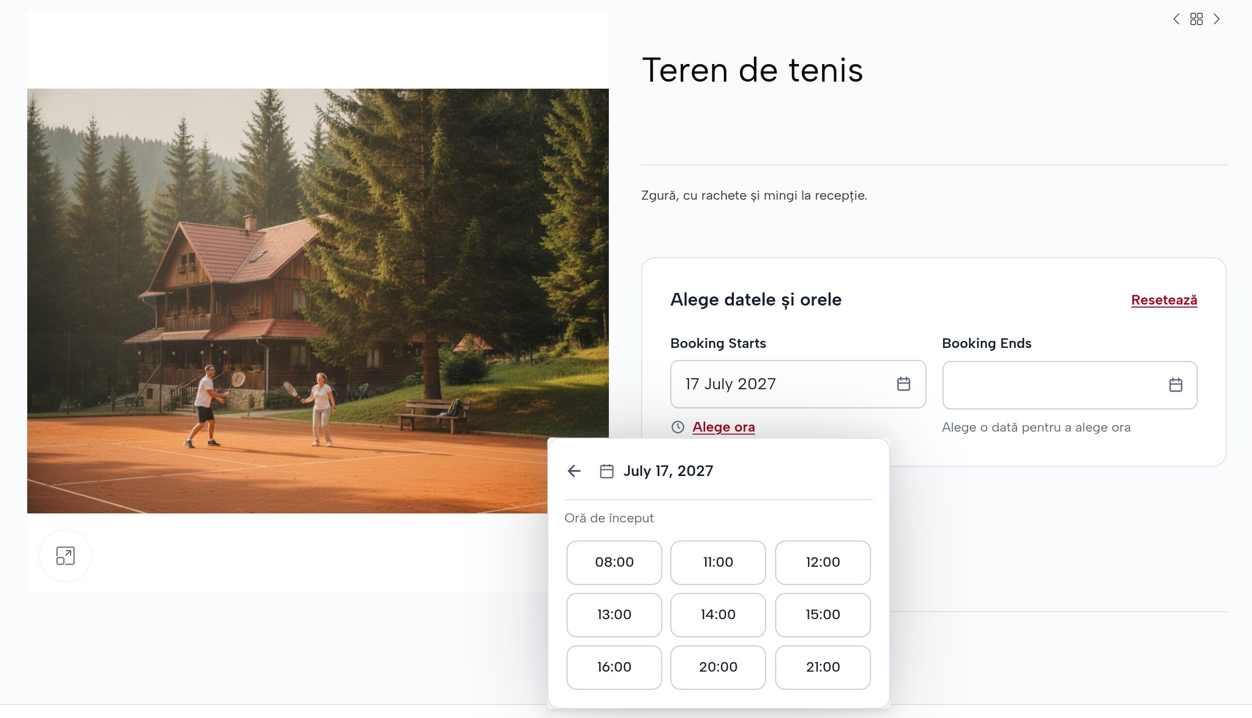Terenul de tenis, sâmbătă 17 iulie: orele libere 08:00, 11:00–16:00, 20:00 și 21:00; cele rezervate nu mai apar