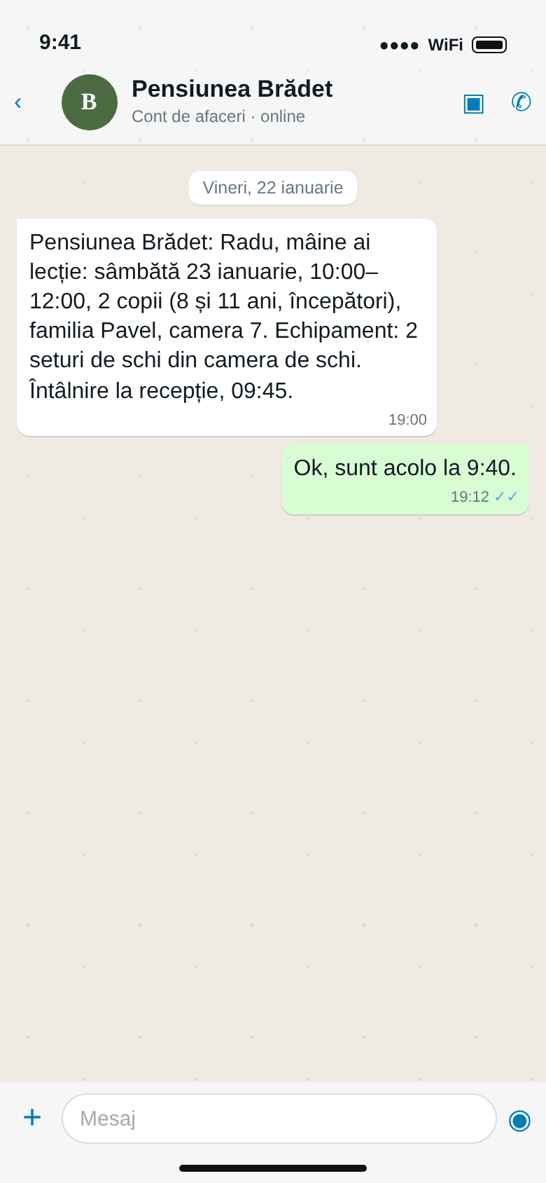 WhatsApp către Radu: lecția de sâmbătă, 10:00–12:00, doi copii, familia Pavel, camera 7, echipamentul din camera de schi