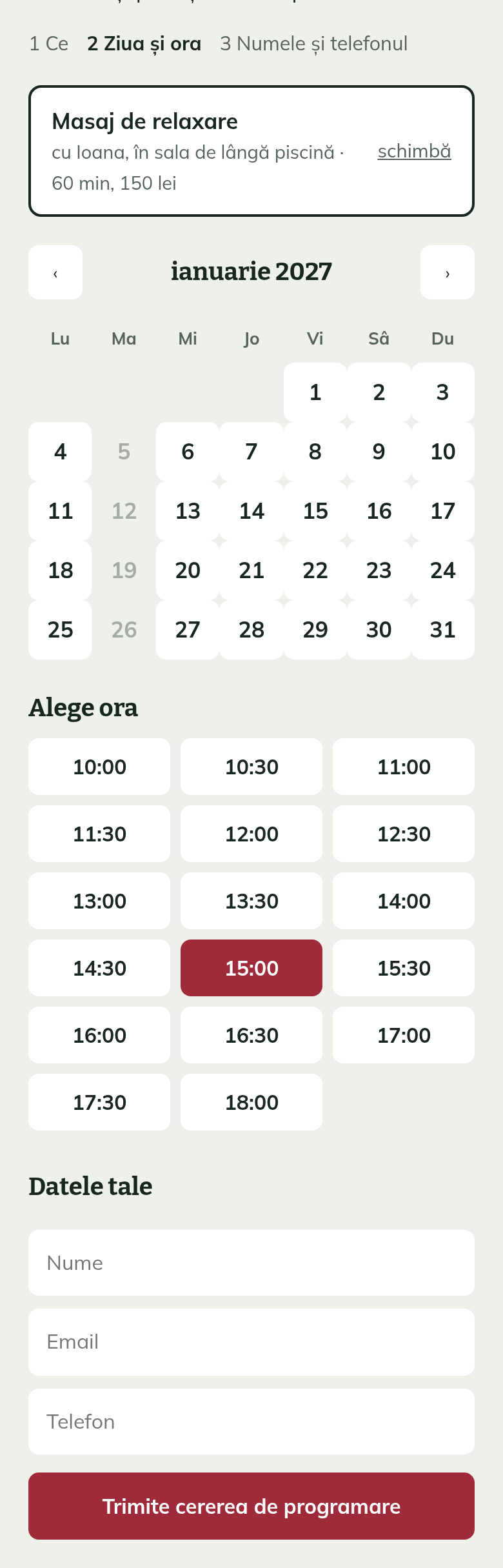 Programarea masajului de relaxare cu Ioana: calendarul lunii și orele libere