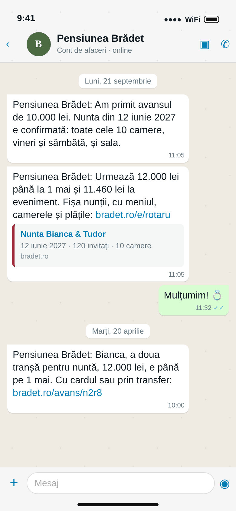 WhatsApp către miri: avansul de 10.000 lei primit, tranșele care urmează și fișa nunții; în aprilie, linkul pentru tranșa a doua