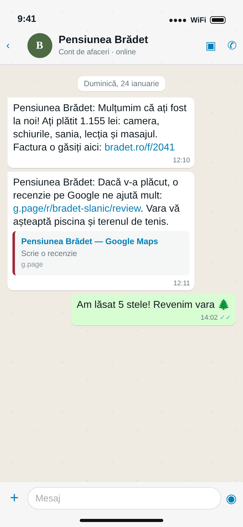 WhatsApp: mulțumim, 1.155 lei plătiți, factura, linkul de recenzie și răspunsul Andreei