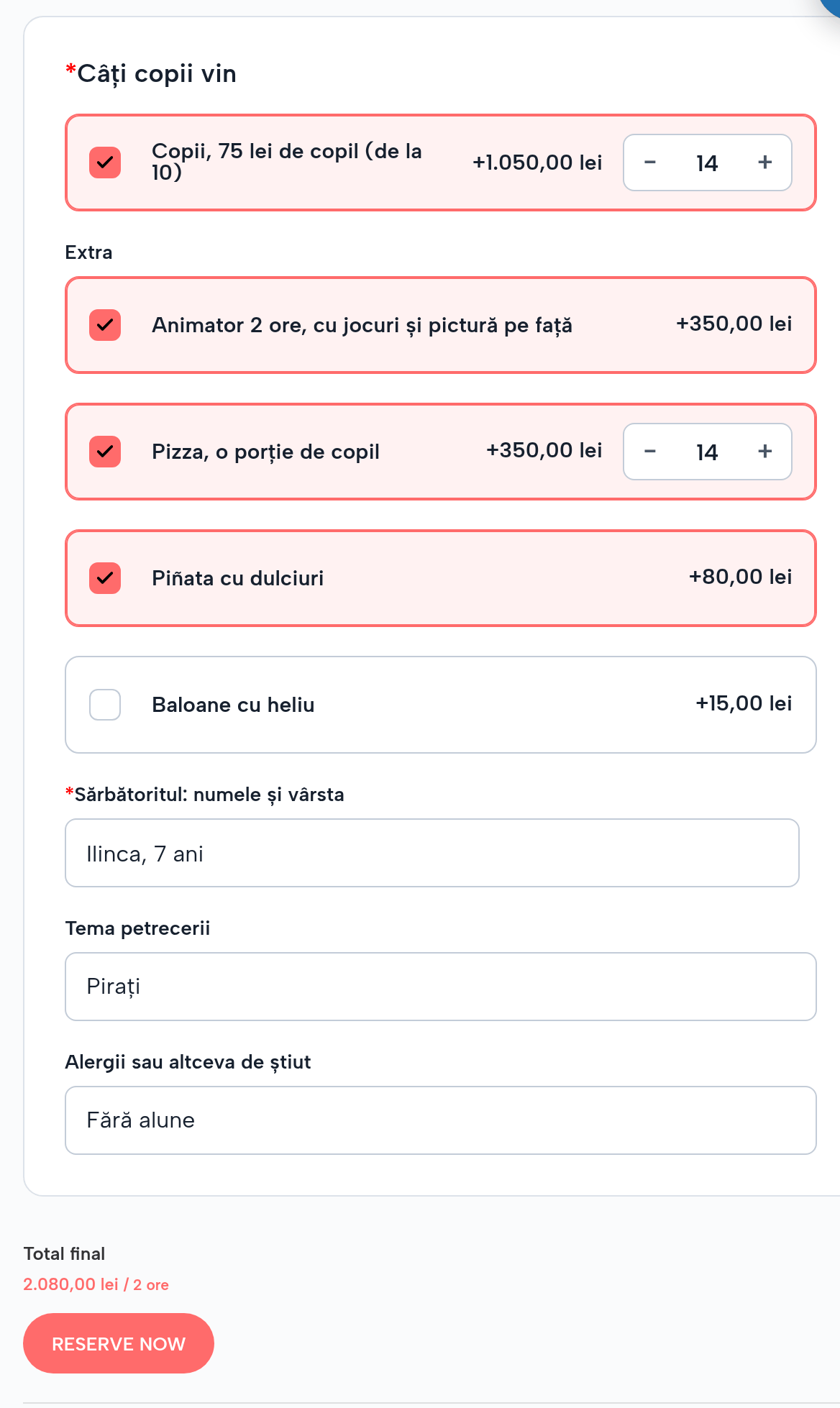 Petrecerea pe site: sâmbătă, 17 octombrie, 15:00, Sala Unicorn, 14 copii, animator, pizza pentru fiecare copil, piñata, sărbătoritul, tema, alergiile și totalul