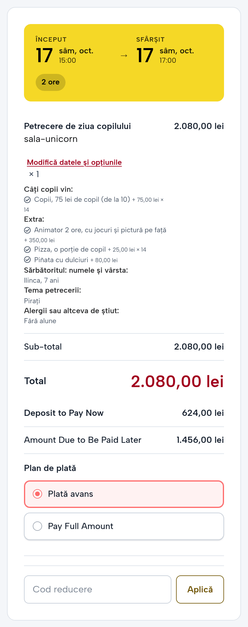 Plata rezervării: totalul petrecerii, avansul de plătit acum și restul de plată