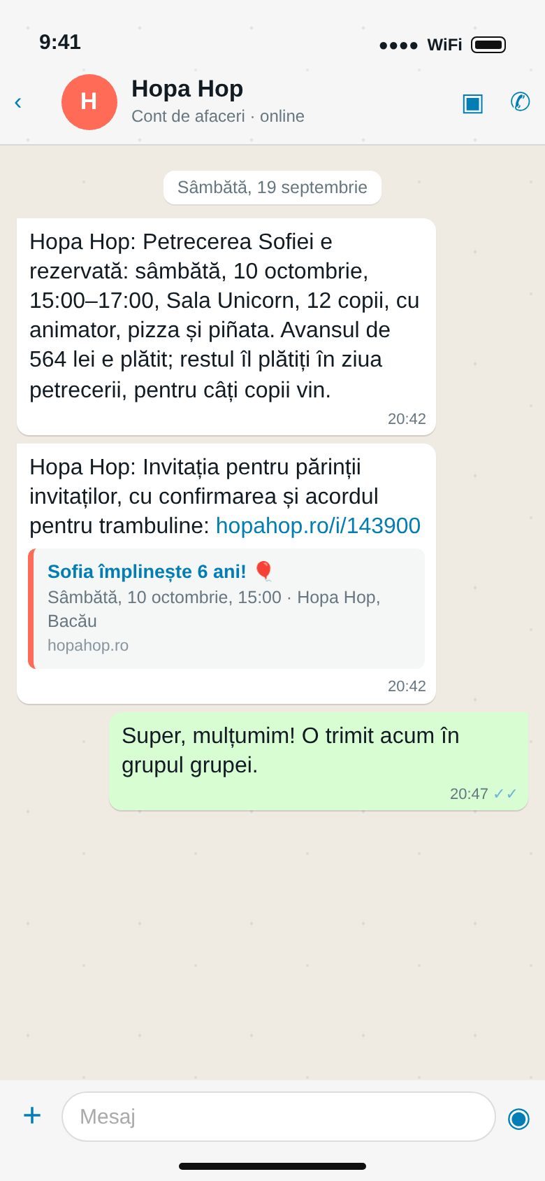 WhatsApp: petrecerea Sofiei rezervată, avansul de 564 lei plătit, linkul invitației