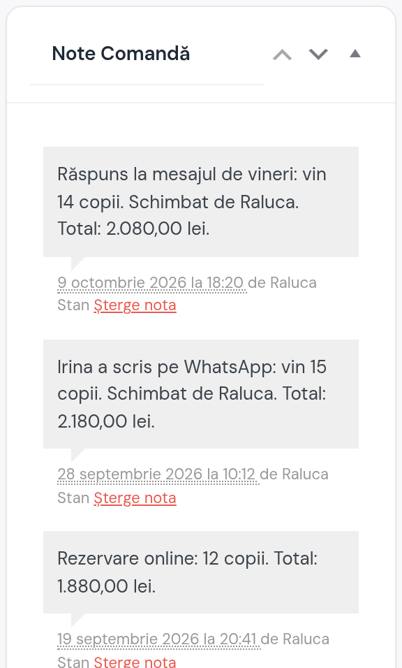 Notele comenzii Sofiei: rezervare online cu 12 copii, 1.880 lei; 15 copii, 2.180 lei; 14 copii, 2.080 lei