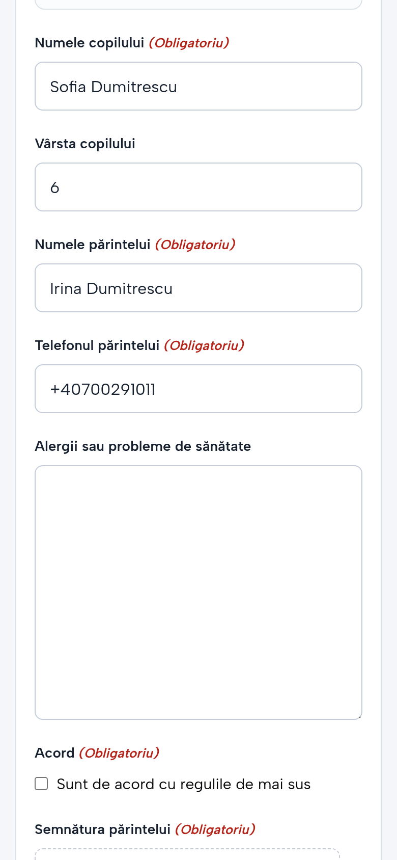 Acordul părintelui pe telefon: regulile, numele copilului, vârsta, părintele, telefonul, alergiile, acordul și semnătura